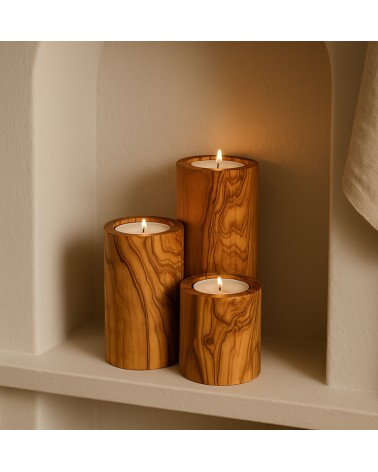 Olive wood Pillat tea Light Candle Holder- Set of 3