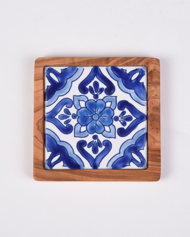 Olive Wood and Ceramic Coaster- San Diego Yellow