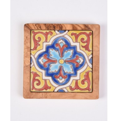 Olive Wood Handpainted Ceramic Coaster- Cancun Blue