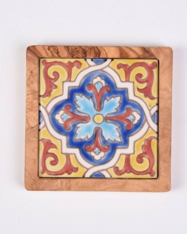 Olive Wood Handpainted Ceramic Coaster- Cancun Blue